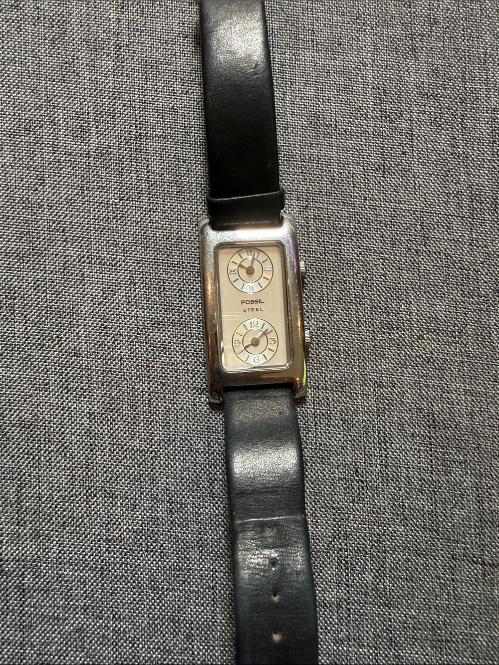 Fossil Steel dual-time tank watch Silver Case Watch with Black Leather Strap
